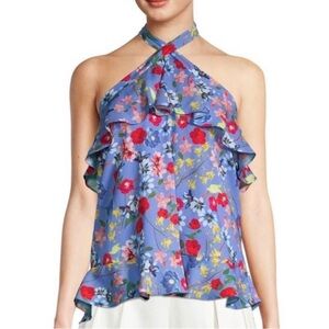 NWT PARKER Halter Floral Blouse Ruffle Purple Blue Lilac Sevilla Top Size Medium